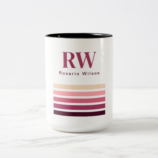 2 Couleurs Tasse à café Chic Rétro Rayures Monogramme (Centre)