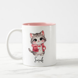 2 Couleurs Tasse à café personnalisée avec chaton de dessin a