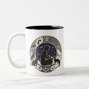 2 Couleurs Tasse artistique Chats et fille au clair de lune s