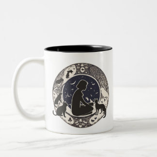 2 Couleurs Tasse artistique Chats et fille au clair de lune s