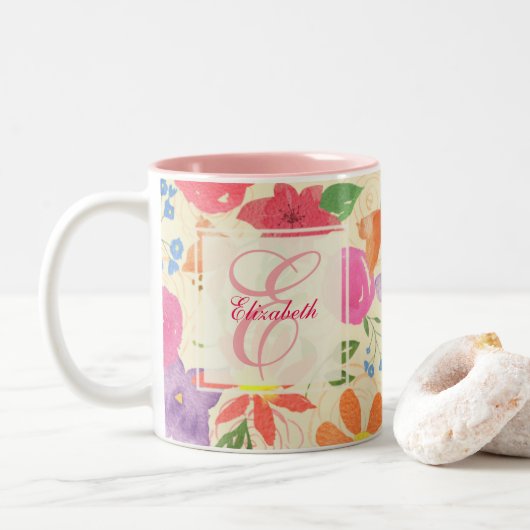 2 Couleurs Tasse assez florale de monogramme (Avec donut)