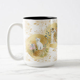 2 Couleurs Tasse Chats Adorables Or Blanc Aquarelle 15 oz