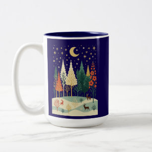 2 Couleurs Tasse de café Nuit de forêt d'hiver   Lune & Cerf