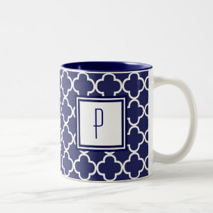 2 Couleurs Tasse de monogramme de Quatrefoil de bleu marine