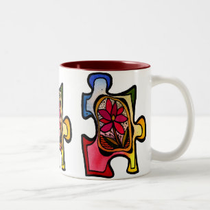 2 Couleurs Tasse de morceau de casse-tête, fleur rouge