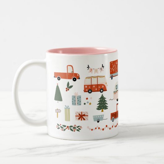 2 Couleurs Tasse Illustration de Noël Vintage Camions Rouges (Gauche)