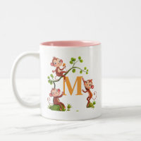 Tasse moderne avec singes mignons et initiale rose