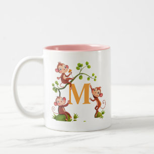 2 Couleurs Tasse moderne avec singes mignons et initiale rose