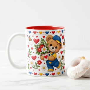 2 Couleurs Tasse Ourson Mignon avec Fleurs et Cœurs