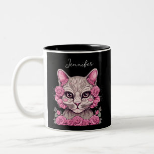 2 Couleurs Tasse personnalisée avec chat et roses roses, fleu
