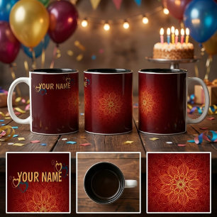 2 Couleurs Tasse personnalisée Mandala Or Rouge Nom personnal