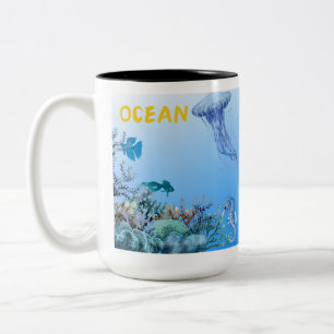 2 Couleurs Tasse Vie Océanique à l'Aquarelle et Créatures Mar