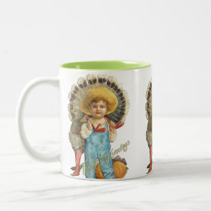 2 Couleurs Tasse vintage de garçon de Thanksgiving avec dinde