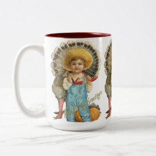2 Couleurs Tasse vintage de garçon de Thanksgiving avec dinde