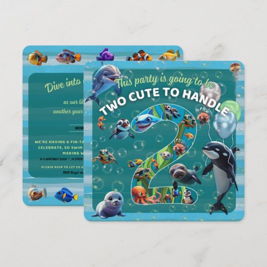 2 Cute 2 Handle Party Rounded Edge Flat Invitation (Voorkant / Achterkant)