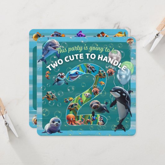 2 Cute 2 Handle Party Rounded Edge Flat Invitation (Voorkant / Achterkant in situ)