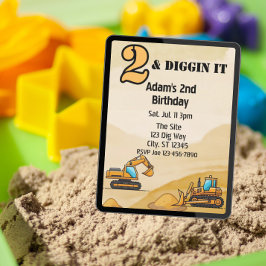 2 & Diggin It, Construction Vehicle 2nd Birthday Kaart