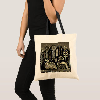 2 dinausors met donker bos tote bag
