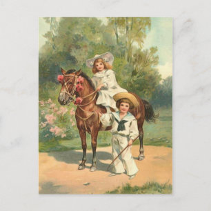 2 Enfants victoriens en cheval Carte postale Vinta
