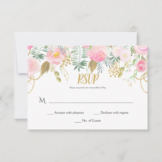 #2 Fleurs d'aquarelle rose et or bleu RSVP (Devant)