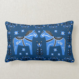 2 Folk Dala Paard/Folk bloem, wit/blauw/dk blauw Kussen