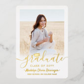 2 Foto Afstuderen Celebration Modern Script Folie Uitnodiging (Voorkant)