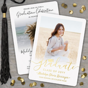 2 Foto Afstuderen Celebration Simple Script Gold Folie Uitnodiging