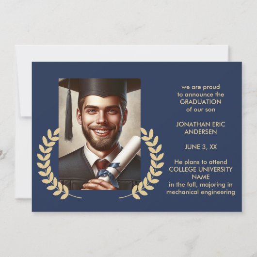 2 Foto Afstuderen Collage Script Navy Blue & Gold Aankondiging (Achterkant)