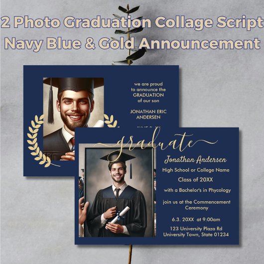 2 Foto Afstuderen Collage Script Navy Blue & Gold Aankondiging