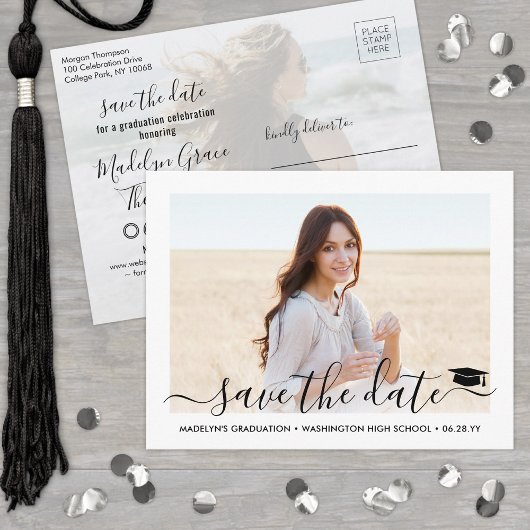 2 Foto Afstuderen Modern Script Save the Date Aankondigingskaart