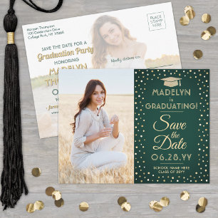 2 Foto Afstuderen Save the Date Green and Gold Aankondigingskaart