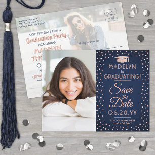 2 Foto Afstuderen Save the Date Navy Pink Gltter Aankondigingskaart