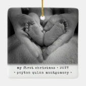2 Foto baby's eerste Kerstmis Modern Minimal Squar Keramisch Ornament (Achterkant)