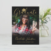 2 Foto Black Gold Script Photo Graduparty Kaart (Staand voorkant)