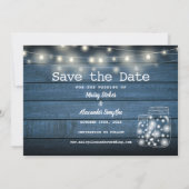 2 Foto Blue Rustic Wood String Lights Save The Date (Achterkant)