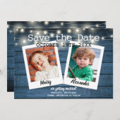 2 Foto Blue Rustic Wood String Lights Save The Date (Voorkant / Achterkant)