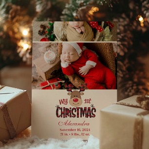 2 Foto Geruite Rendier Baby Eerste Kerstmis Feestdagenkaart