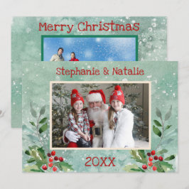 2 Foto Green Red Modern Floral Waterverf Foto Feestdagenkaart