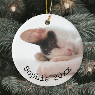 2 Foto Huisdier Naam & Jaar Eenvoudige Zwarte Typo Keramisch Ornament