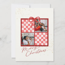 2-Foto Kerstcadeaukaart Rode Gingham Sneeuwvlokken