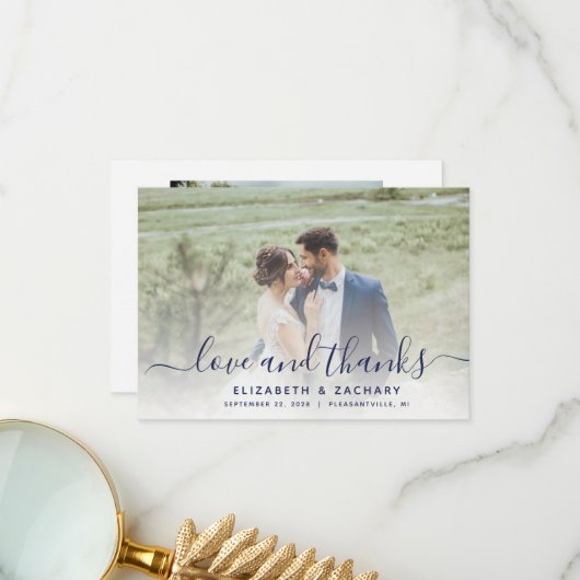 2-Foto marineblauw handschrift bruiloft Bedankkaart (Voorkant / Achterkant in situ)