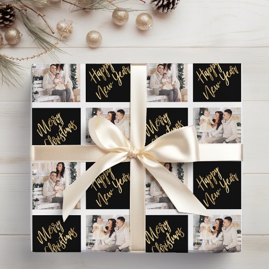 2 Foto Merry KerstHappy Nieuwjaar Gold Script Cadeaupapier