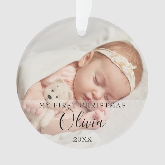 2 Foto Mijn Eerste Kerst Baby Naam Script Ornament (voorkant)