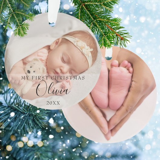 2 Foto Mijn Eerste Kerst Baby Naam Script Ornament