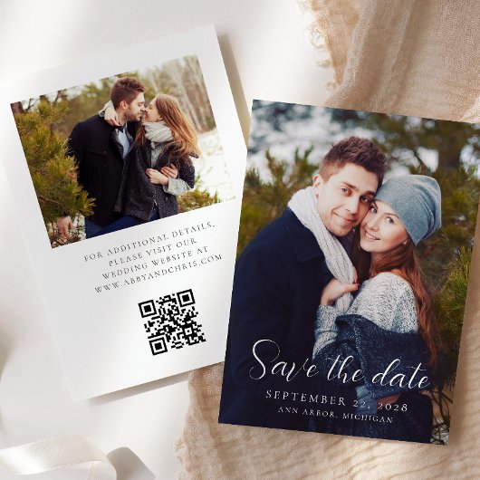 2-foto Modern Script Overlay QR Code Wedding Save The Date
