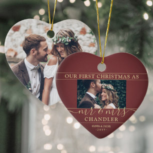 2 Foto: Mr. & Mrs. 1st Kerstmis Burgundy Gold Hear Keramisch Ornament