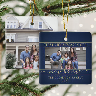 2 Foto New Home First Kerstmis Blue & Gold Keramisch Ornament