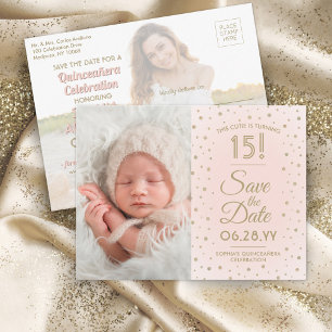 2 Foto Quinceanera Blush Pink Gold Save the Date Uitnodiging Briefkaart