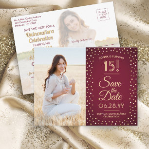 2 Foto Quinceanera Burgundy Gold Save the Date Uitnodiging Briefkaart
