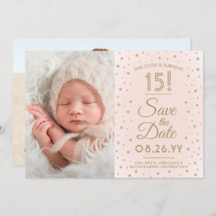 2 Foto Quinceanera Chic Blush Pink Gold Glitter Save The Date